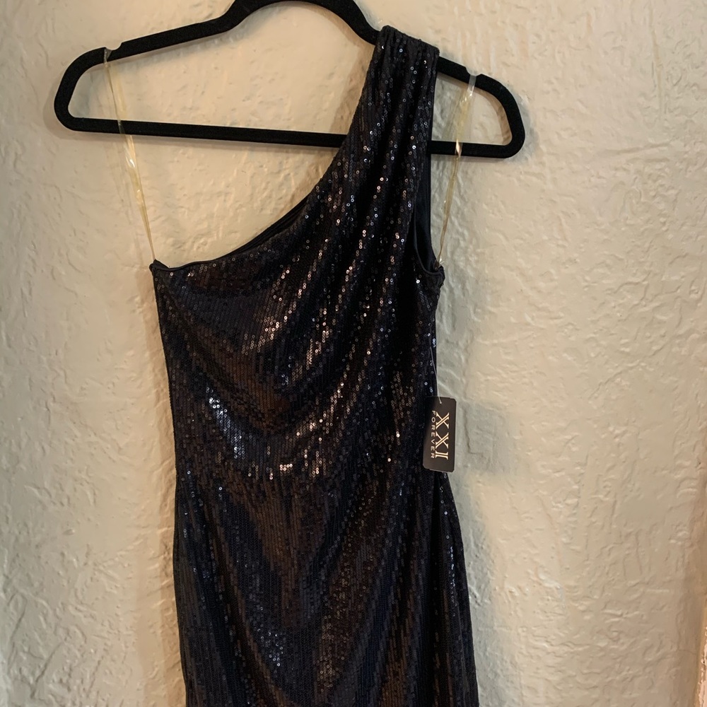Sequenced Black One Shoulder Mini Dress